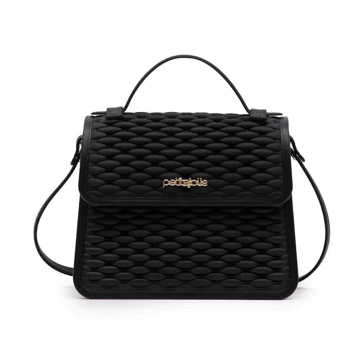 Bolsa feminina Petite Jolie Vic II preta com textura 3D tipo bolhas, alça curta para mão e alça tiracolo regulável